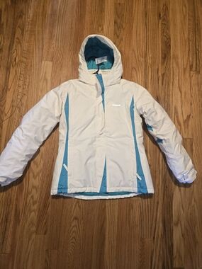 White & Teal Hooded Ski Jacket